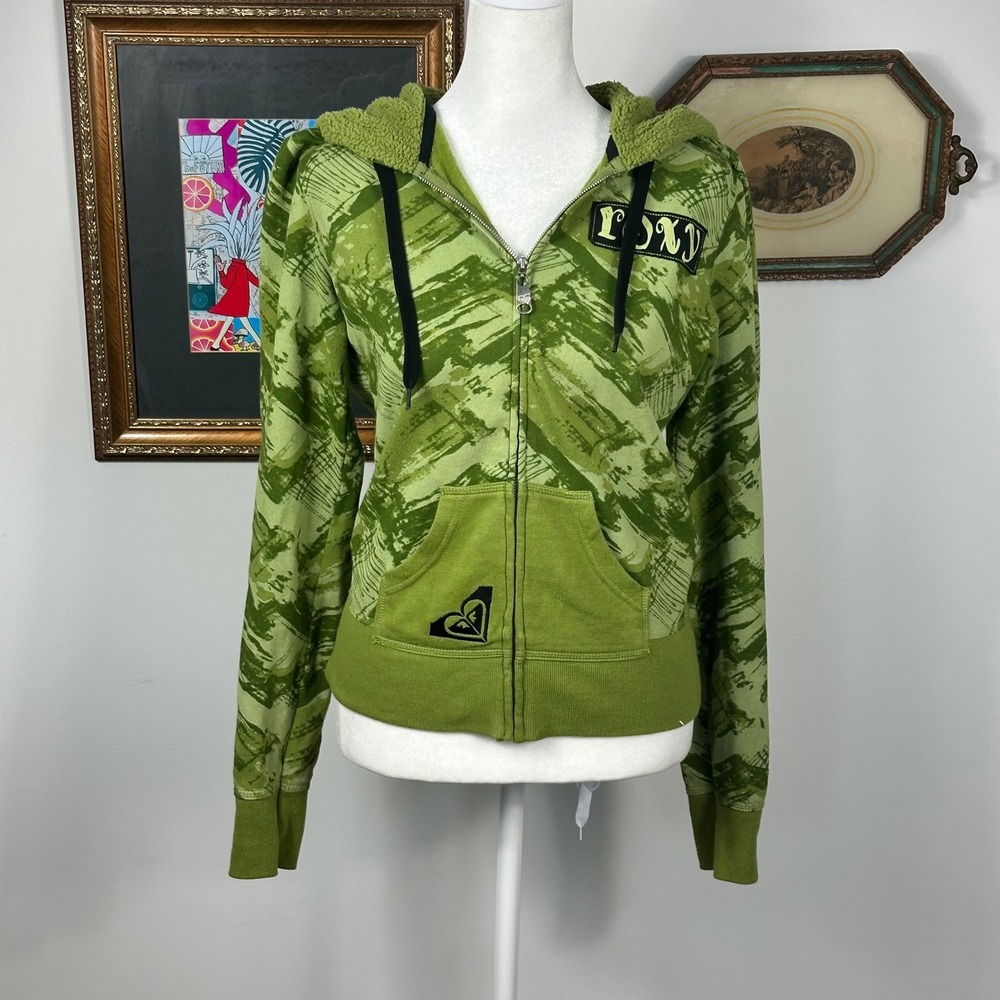 Y2K Roxy Green Patterned Zip Up Hoodie - SIZE S Sherpa Lined Hood Girlhoodcore